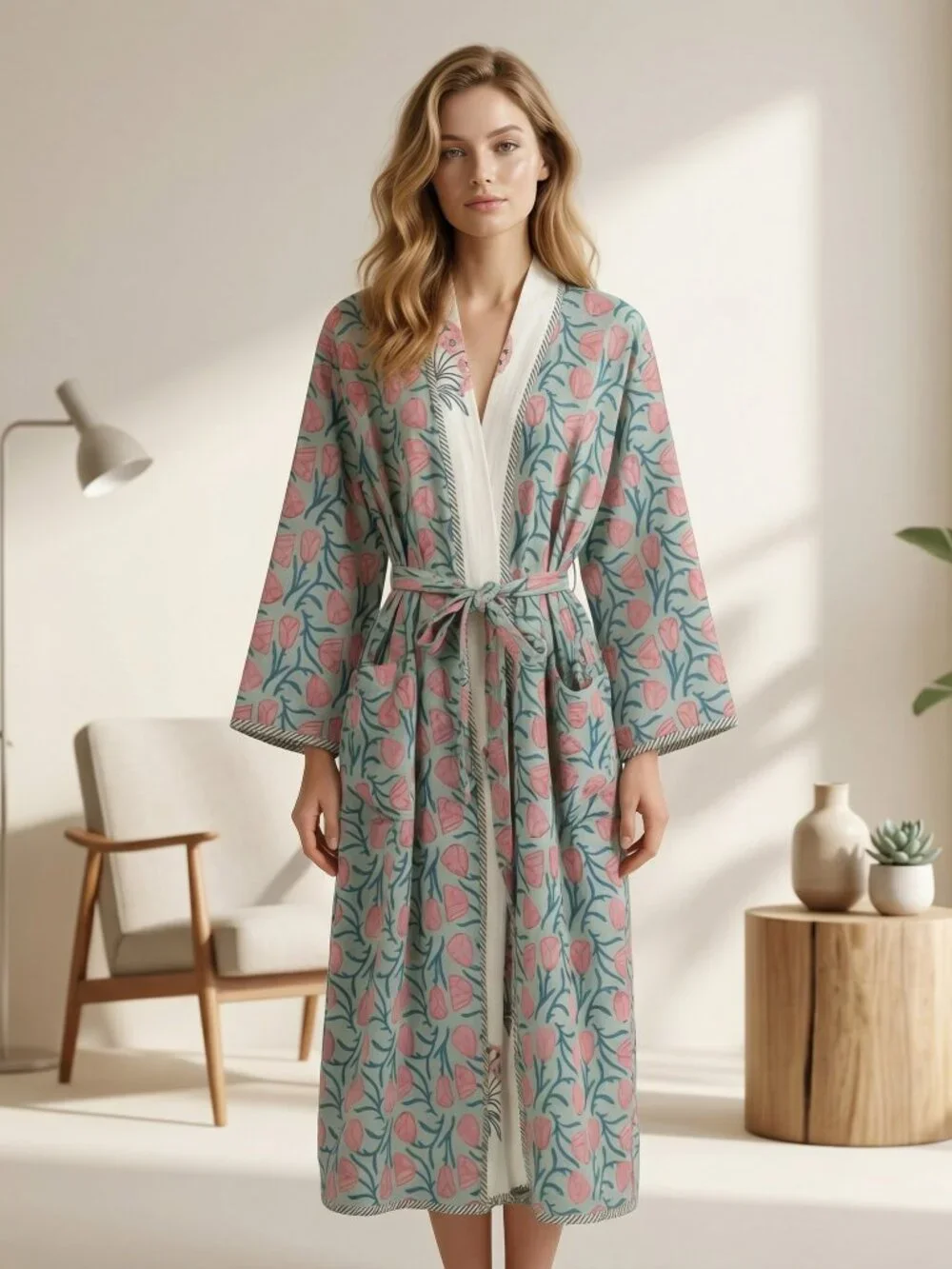 Reversible Cotton Kimono Robe, Hand Block Print Bathrobe, Floral Quilted for Her